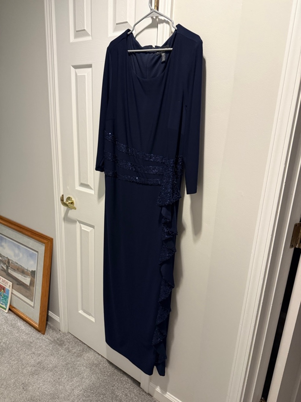 R&M Richards Navy Long Sleeve Dress with Sequin Ruffle Detail